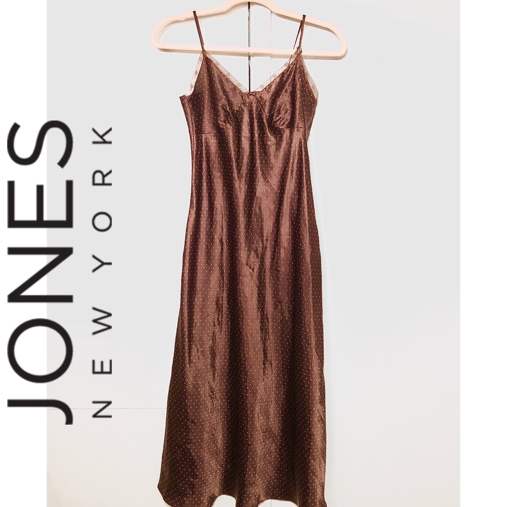 Jones NY • Brown Satin Polka Dot Midi Slip Dress